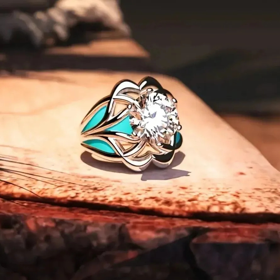 Luxury Zinc Alloy Metal Flower Hollow Ring with Round Crystal Zircon for Women