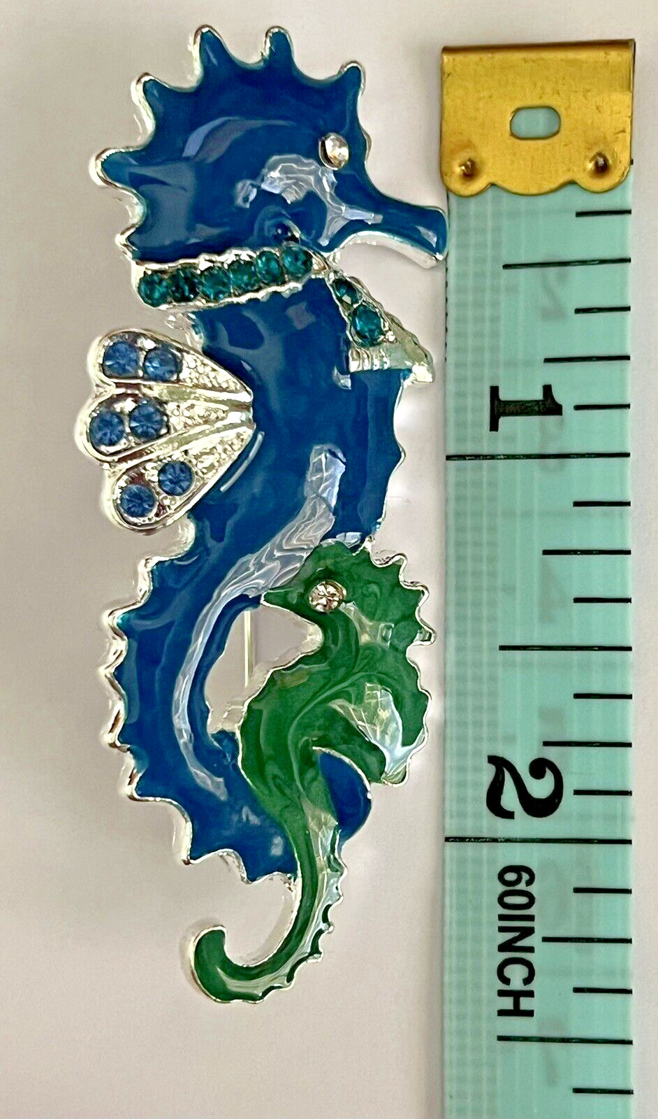 Crystal Glass Rhinestone Seahorse Brooch Pin Aqua Blue Green Vintage Sea Horse
