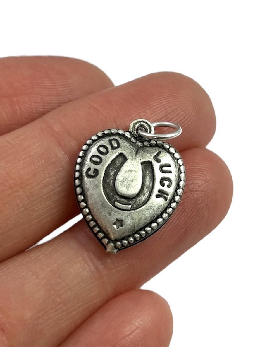 Good Luck Charm Puffy Heart Pendant Horseshoe Lucky Charm Jewelry Silver Plated