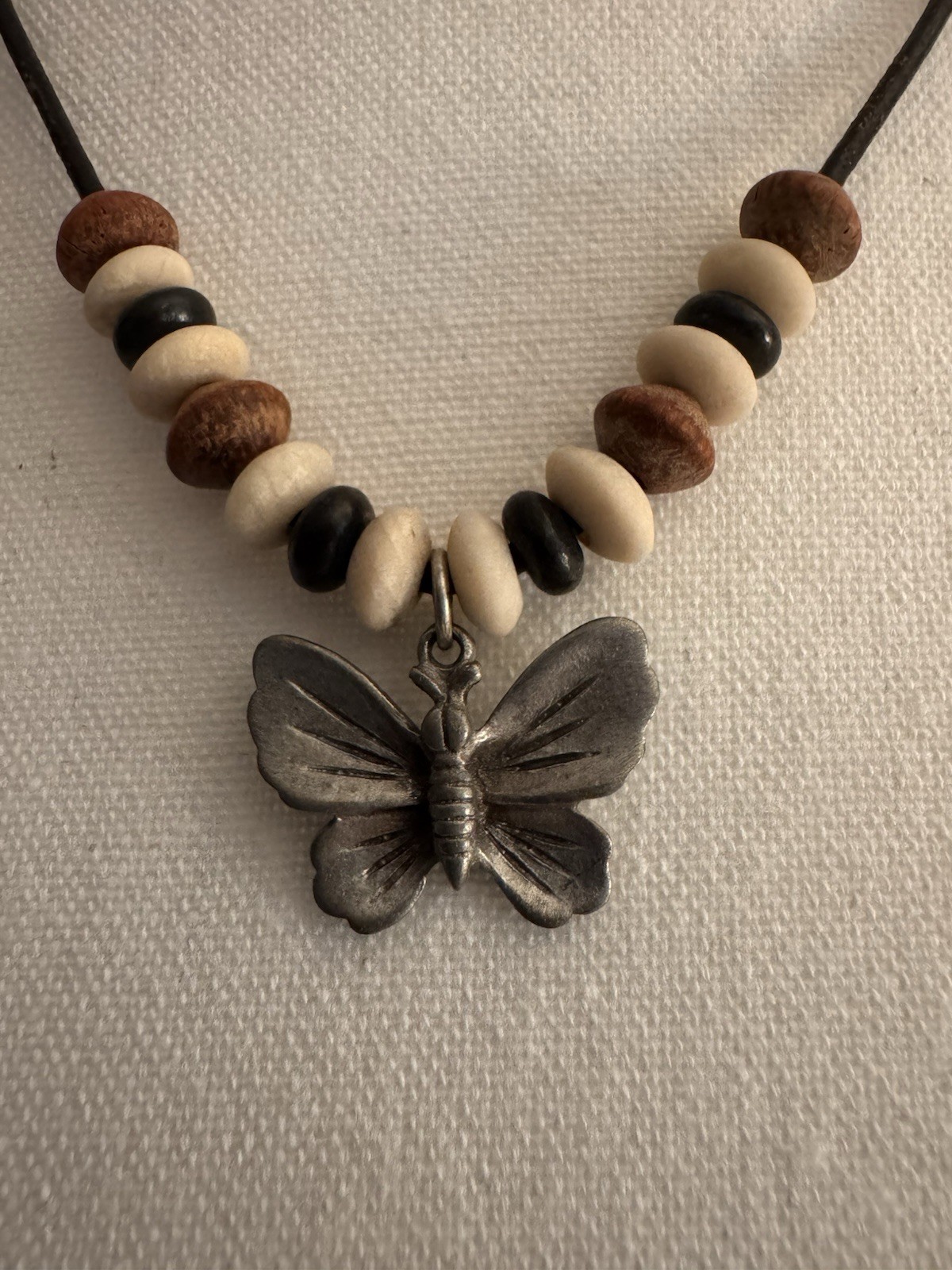 Beaded Necklace – Signed Pewter Butterfly Charm Pendant Cord Brown/Black Rustic