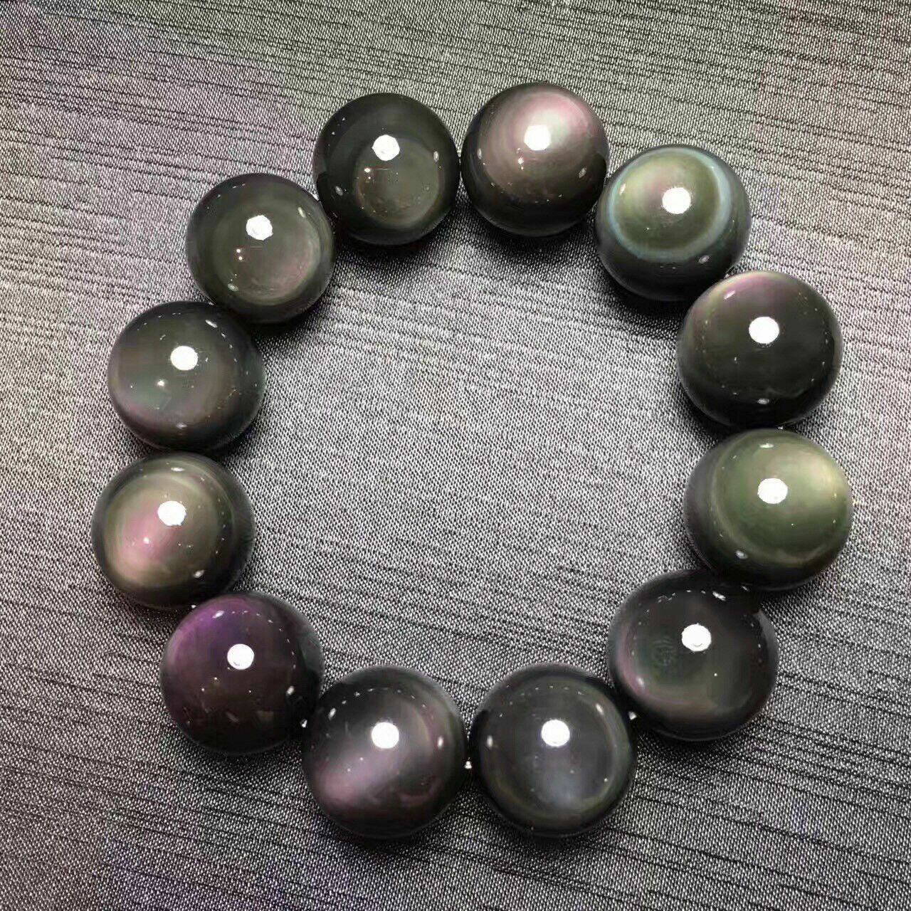 100% Natural 14mm Rainbow Obsidian Round Gemstone Beads Bracelet 7.5″
