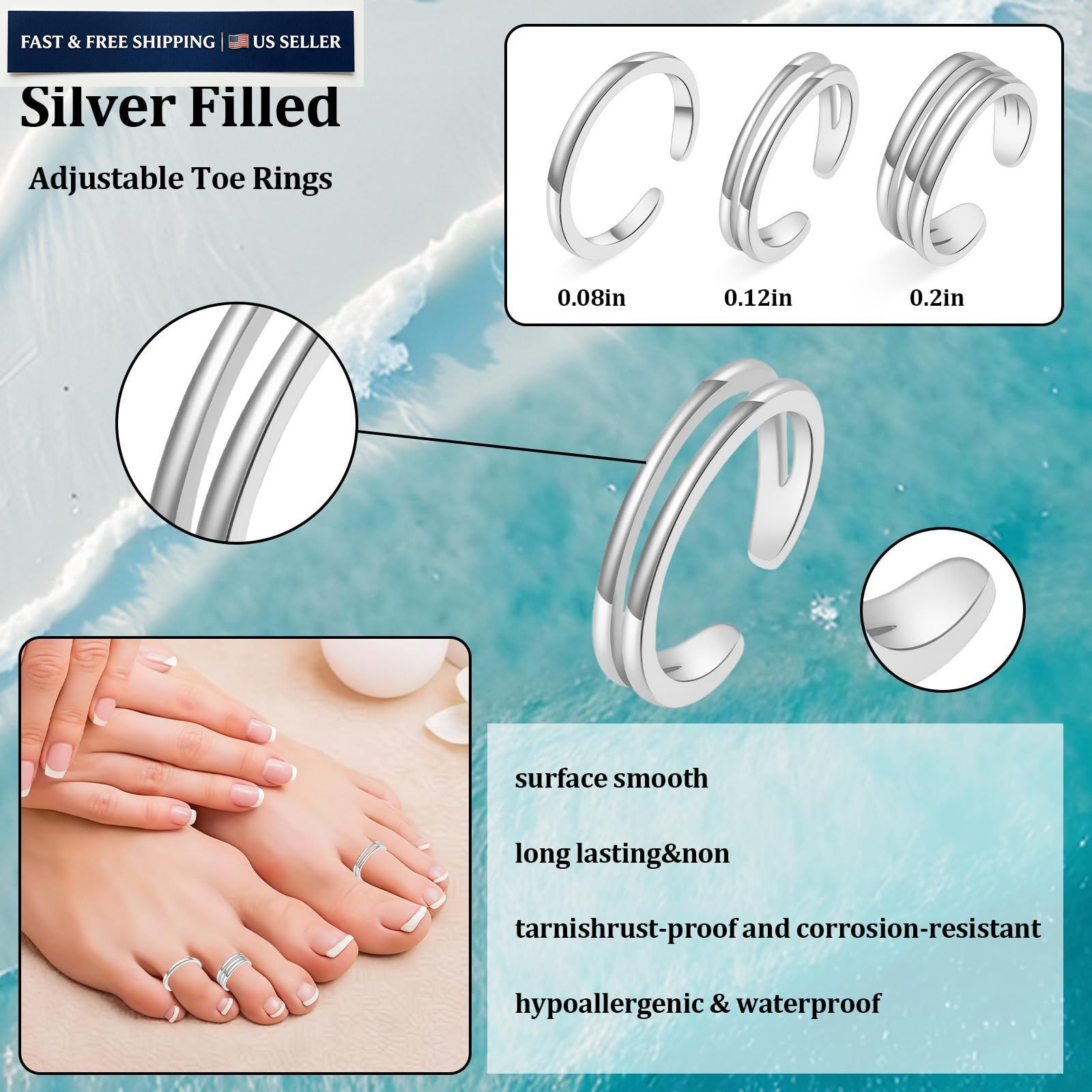 Bolsdoic Toe Rings for Women, 3PCS Silver Plated Stylish Adjustable, 3 Pcs