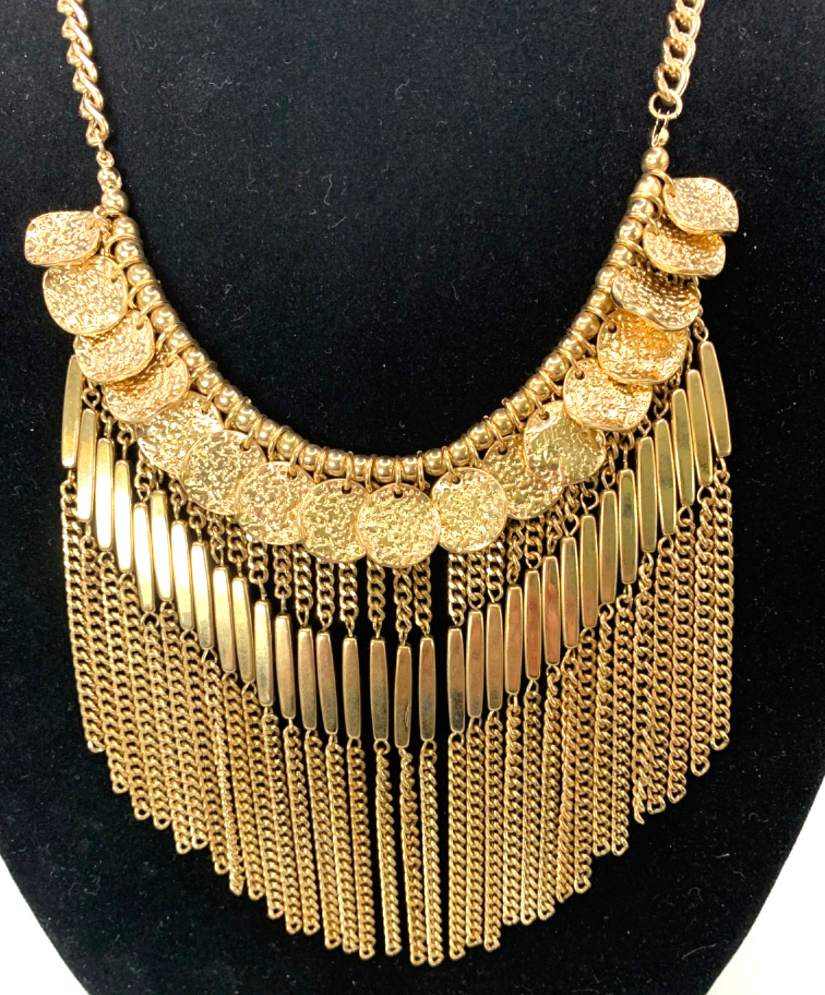 Unique Gold Tone Fringe Chain Round Disc Accent Bib Statement Necklace