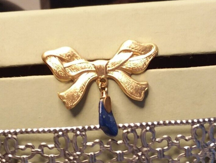 42mm Brass Stamping Ribbon Lapel/Pin Brooch W/15mm Blue Dangle 06-01-2023