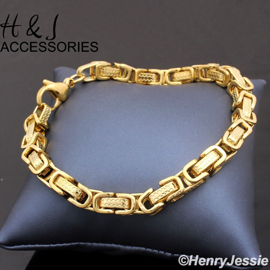 7″-11″MEN Stainless Steel 6.5mm Gold Plated Byzantine Box Link Chain Bracelet*GT