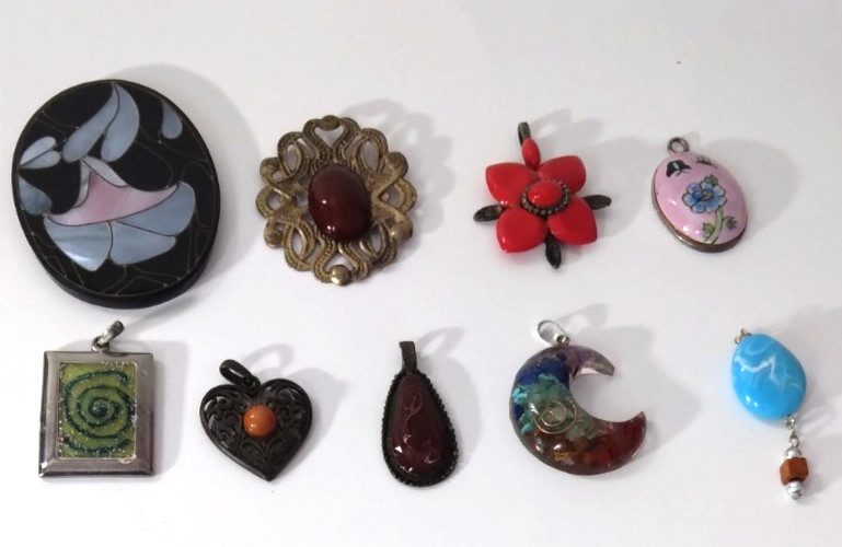 Lot Of 9 Fashion Pendants Mixed Metals Materials Various Designs