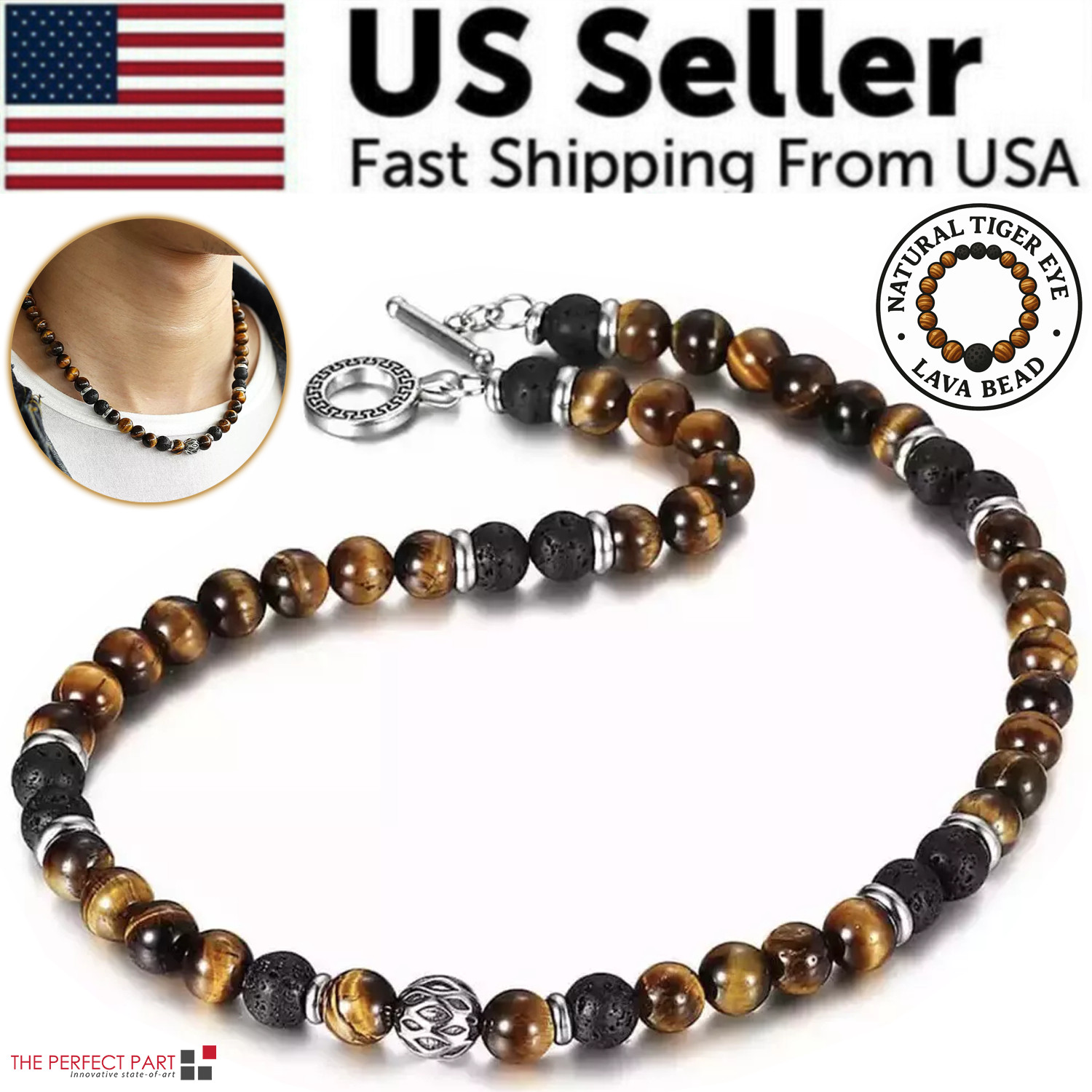 Men’s 8mm Natural Tiger Eye Lava Bead Necklace Stainless Steel Toggle 18/20/24″