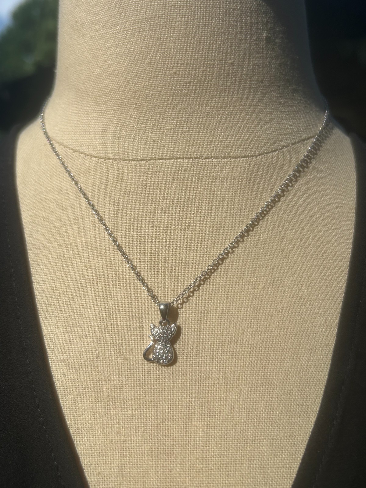 ATI ATHRA Rhodium Plated Brass Cat Pendant Necklace Crystal Rhinestone Kitty.