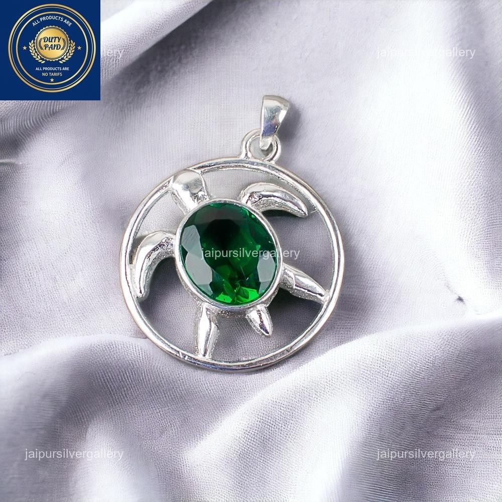 925 Silver Faceted Green Emerald Stone May Charm New Year Bezel Boho Pendant
