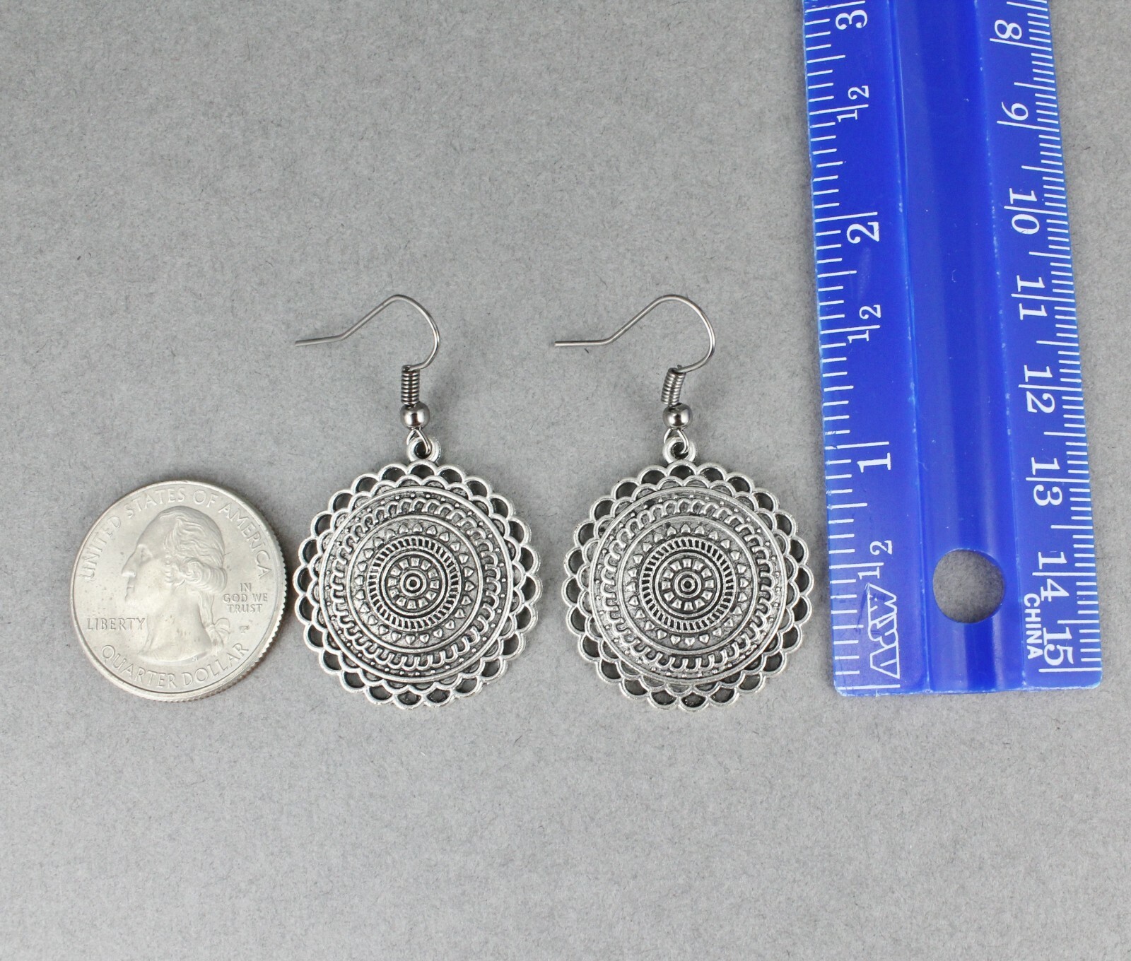 Silver stamped medallion dangle disc 1.75″ long earrings lightweight antiqued