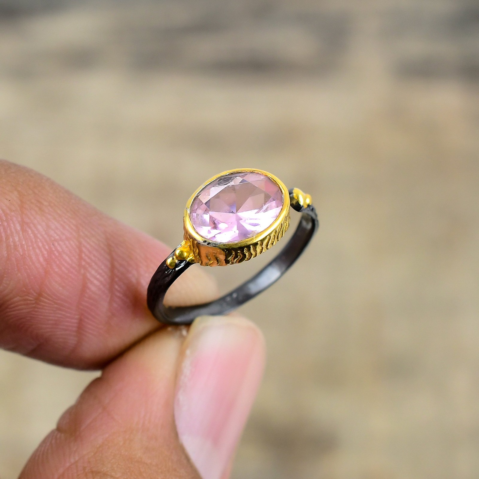 Pink Kunzite Black And Gold Plated 925 Sterling Silver Ring S.Adjustable R87125