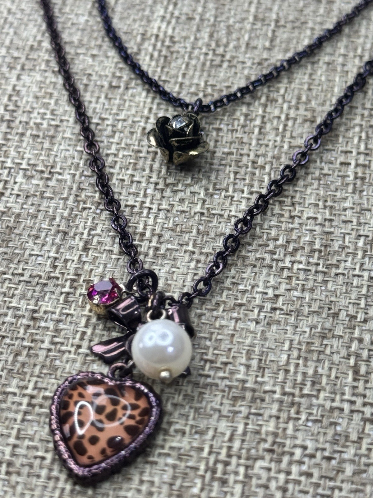 Betsey Johnson Layered Charm,purple/iridescent necklace 16”-19”