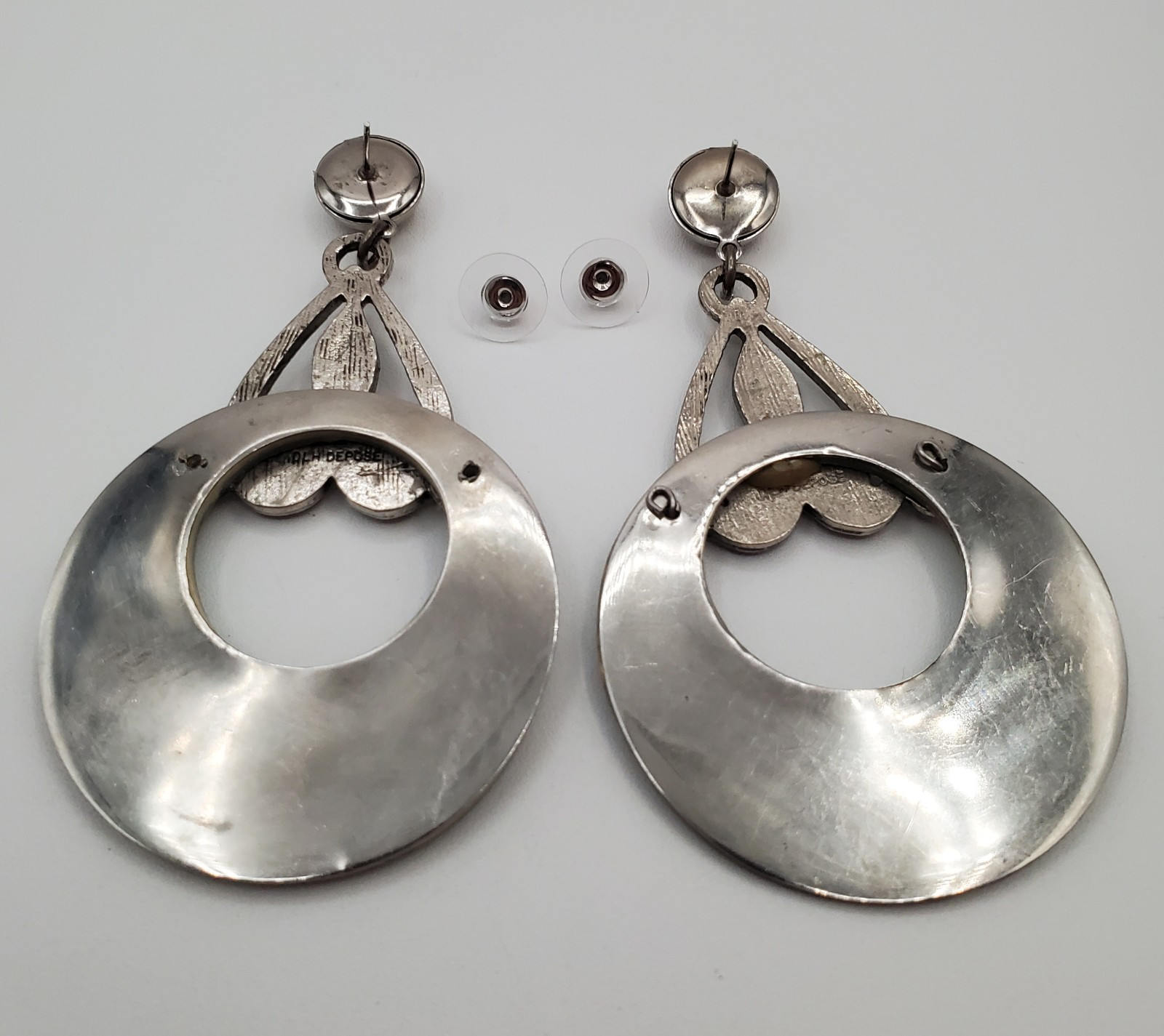 DLH Depose Earrings 3.5in Huge Pewter Iridescent Mosaic MOP Abalone VTG Estate