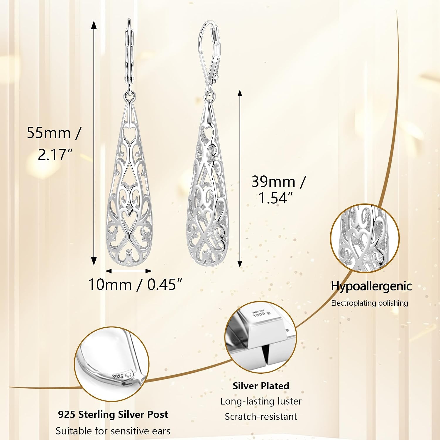 Women’s Silver Long Teardrop Dangle Leverback Earrings 14K Silver Dangle