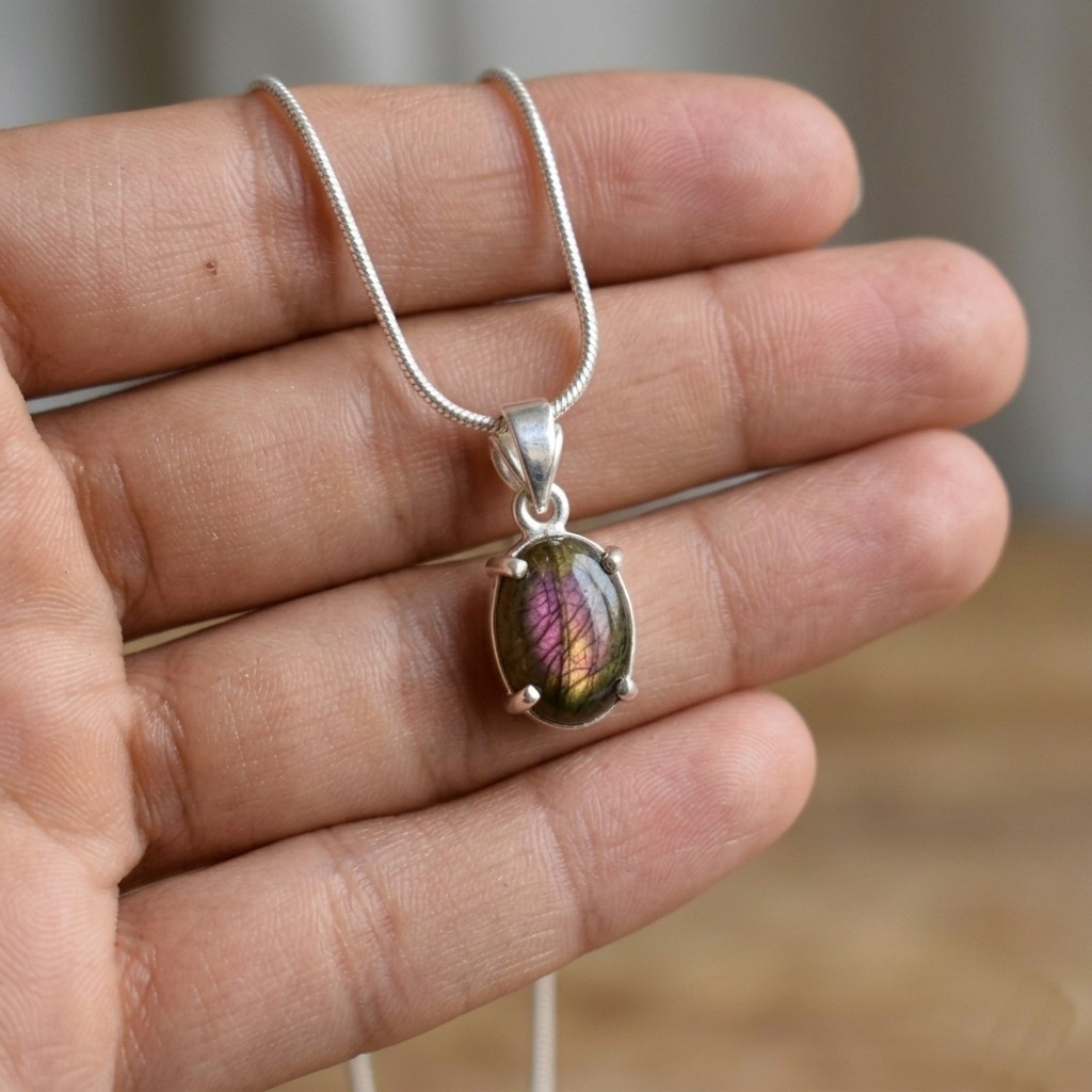 Pink Fire Labradorite Gemstone Pendant Handmade 925 Silver Gift