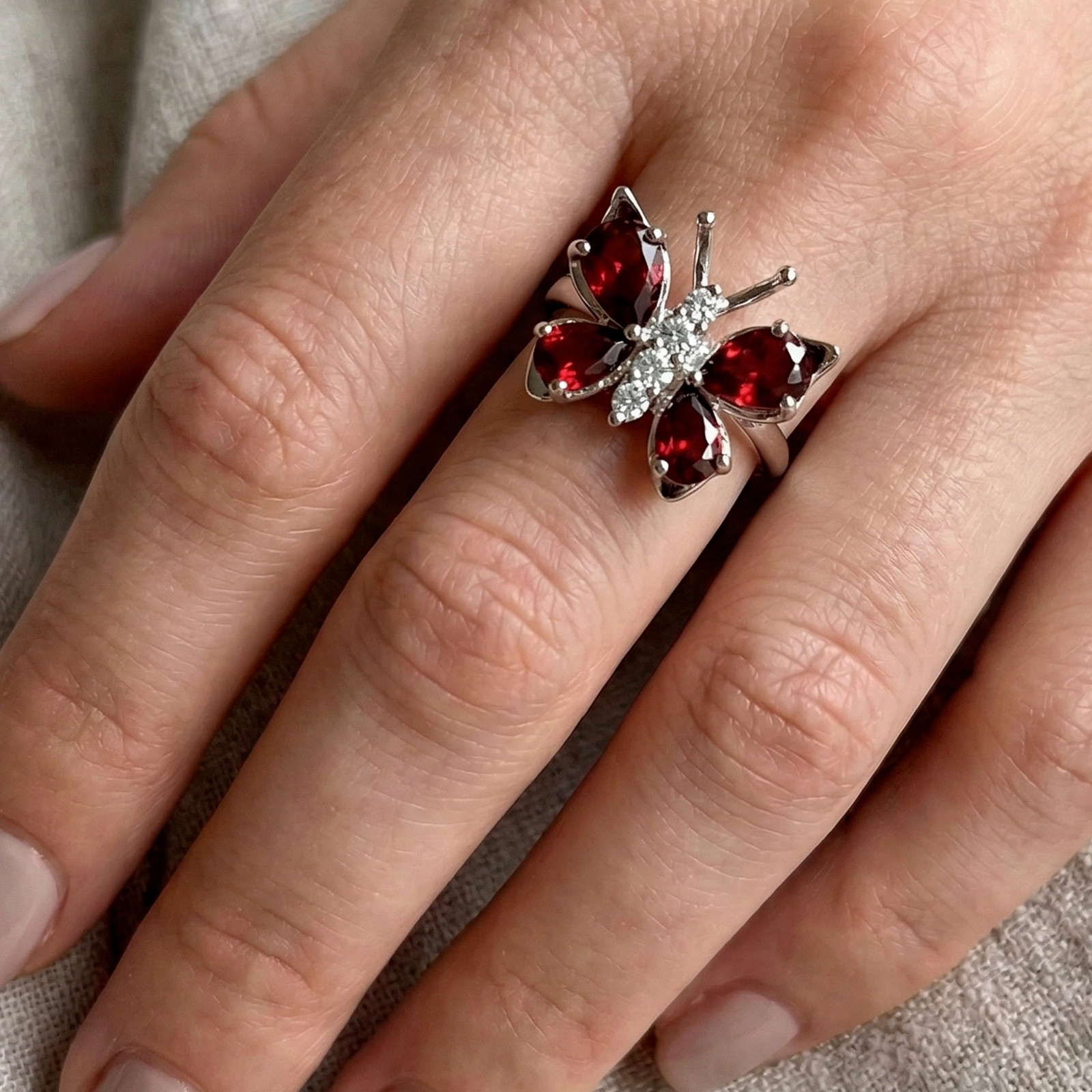 925 Sterling Silver Red Garnet Gemstone & CZ Handmade Butterfly Ring