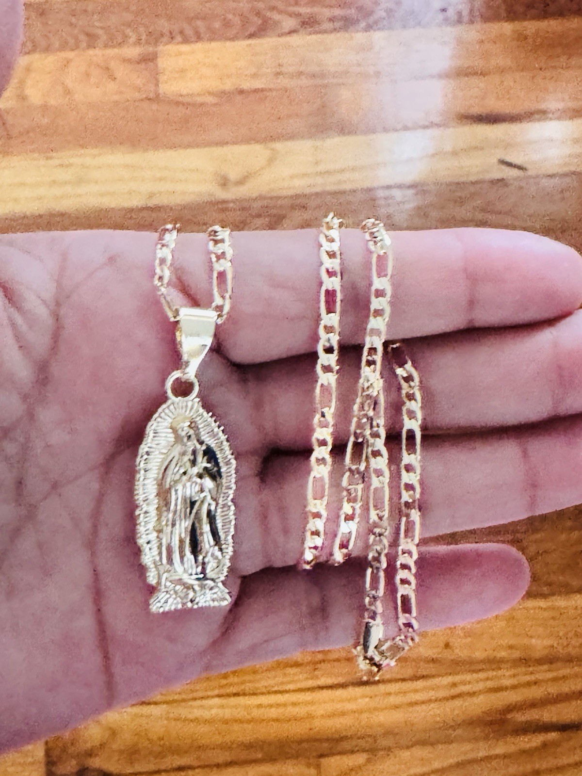 14K Gold Plated Figaro Chain Necklace Virgin Mary Religious Medal Pendant. New