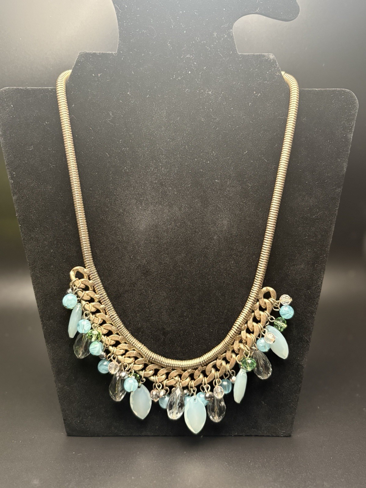 Gold Tone bib necklace with blue Green Beads