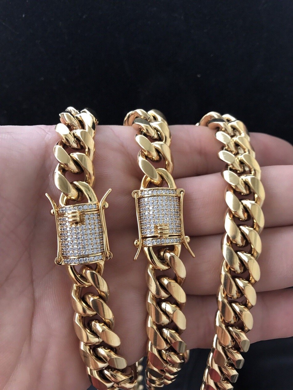 Hip Hop Iced Box Lock Stainless Steel 10mm 12mm Miami Cuban Link Chain Necklace