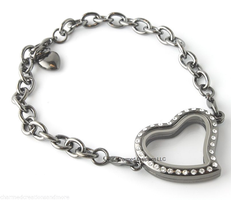 Floating Charm Locket Bracelet Black Gunmetal CZ Crystal Heart SECURITY CLASP