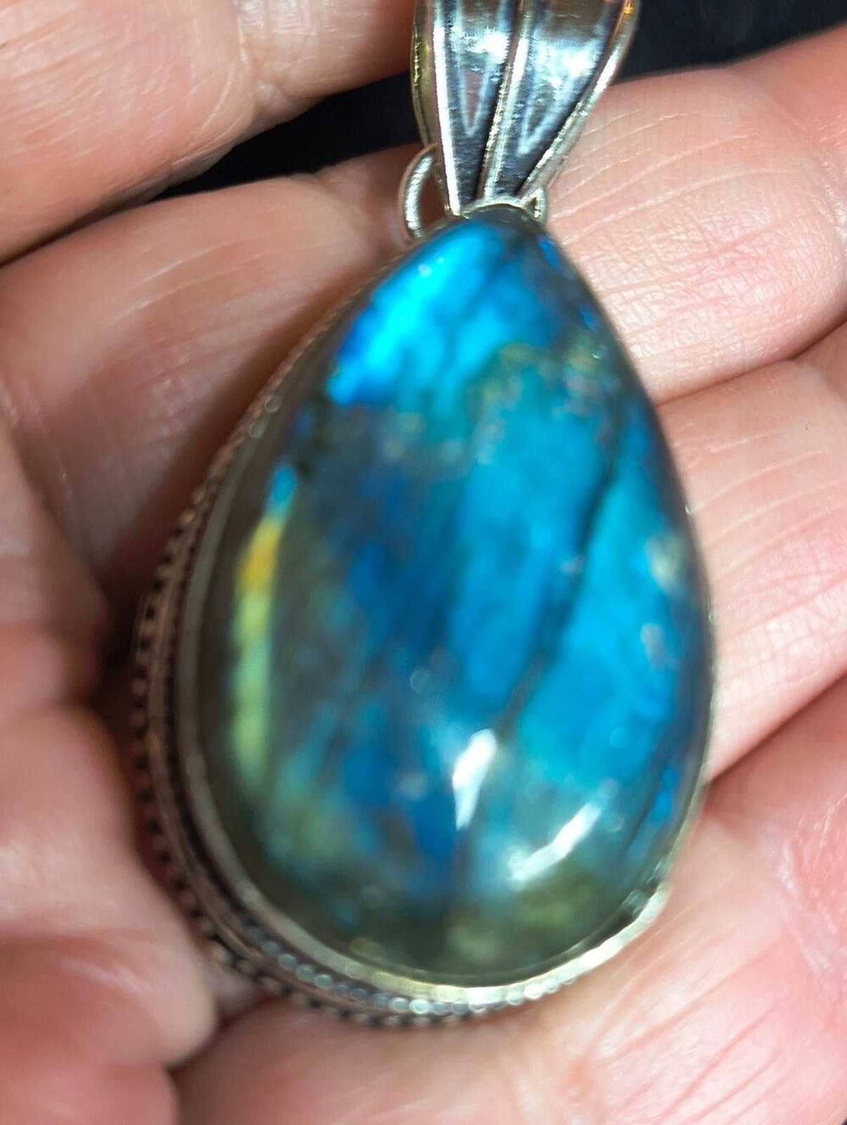925 Sterling Silver Labradorite Statement Pendant Large Blue Flash Artisan Boho