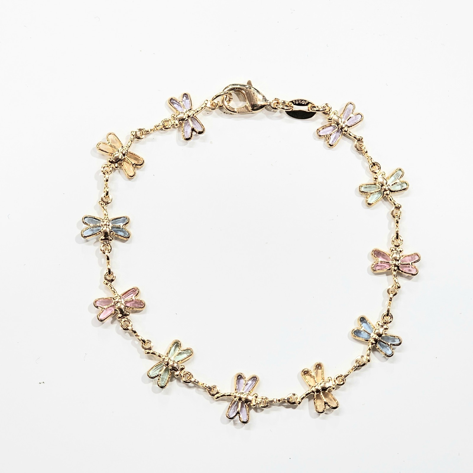 18k Gold Filled Dragonfly Bracelet Light Multi Color Stones 7″ inch Long