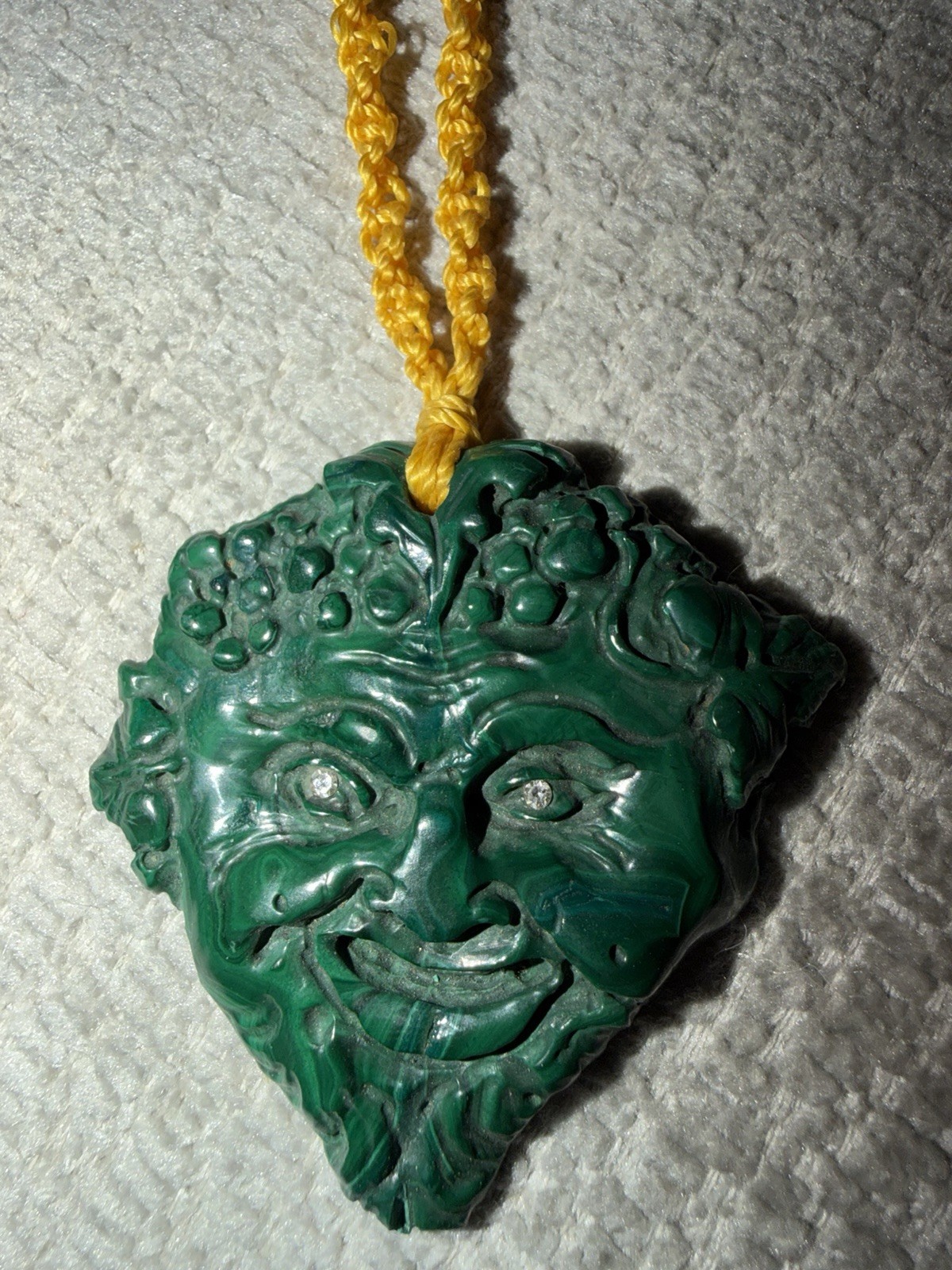 Beautifully Carved Malachite Face Necklace With Small Diamonds Set In The Eyes