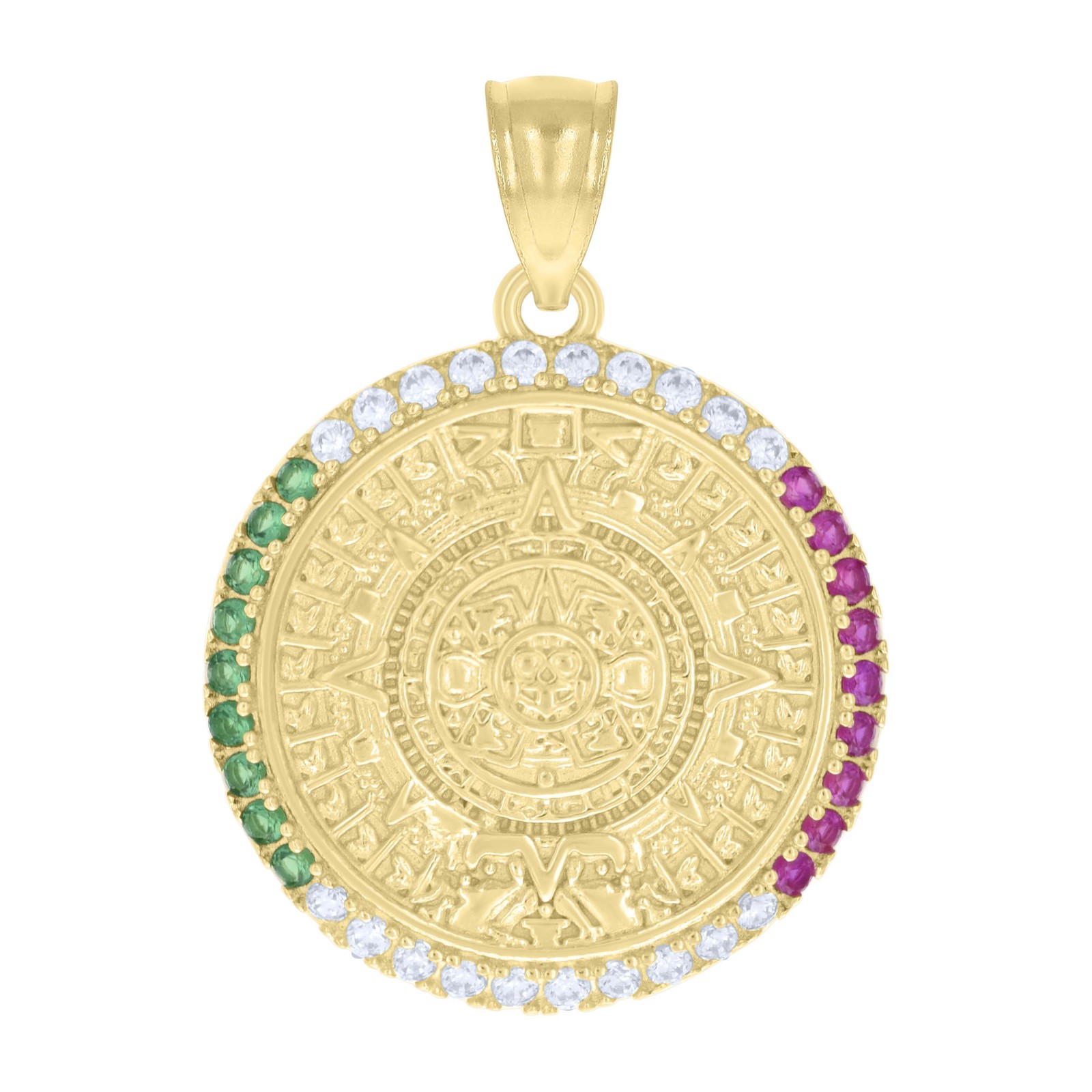 10K Yellow Gold Multicolor CZ Men’s 1.05″ Charm Aztec Calendar Medallion Pendant
