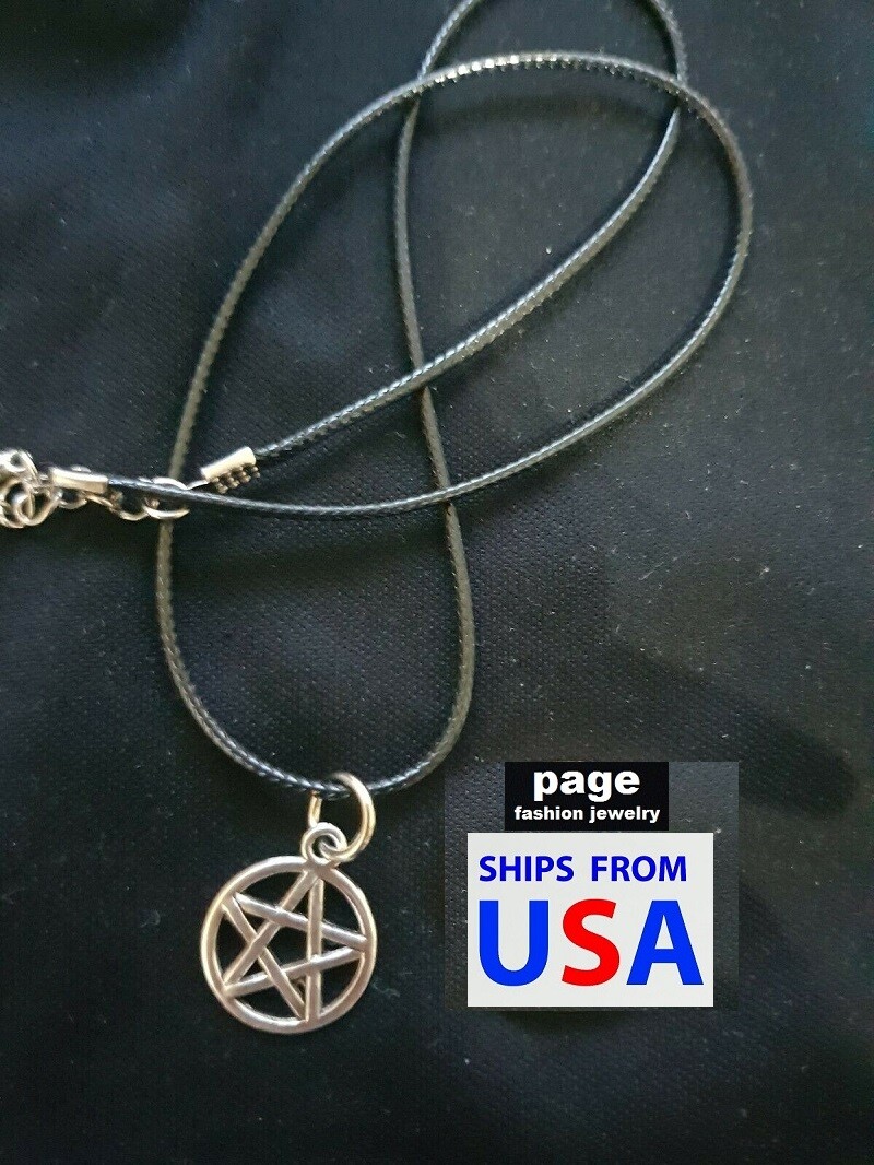 Leather* 2mm Braid Cord 18″ Necklace / 1″ Antique Silver Tone Pentagram Jewelry