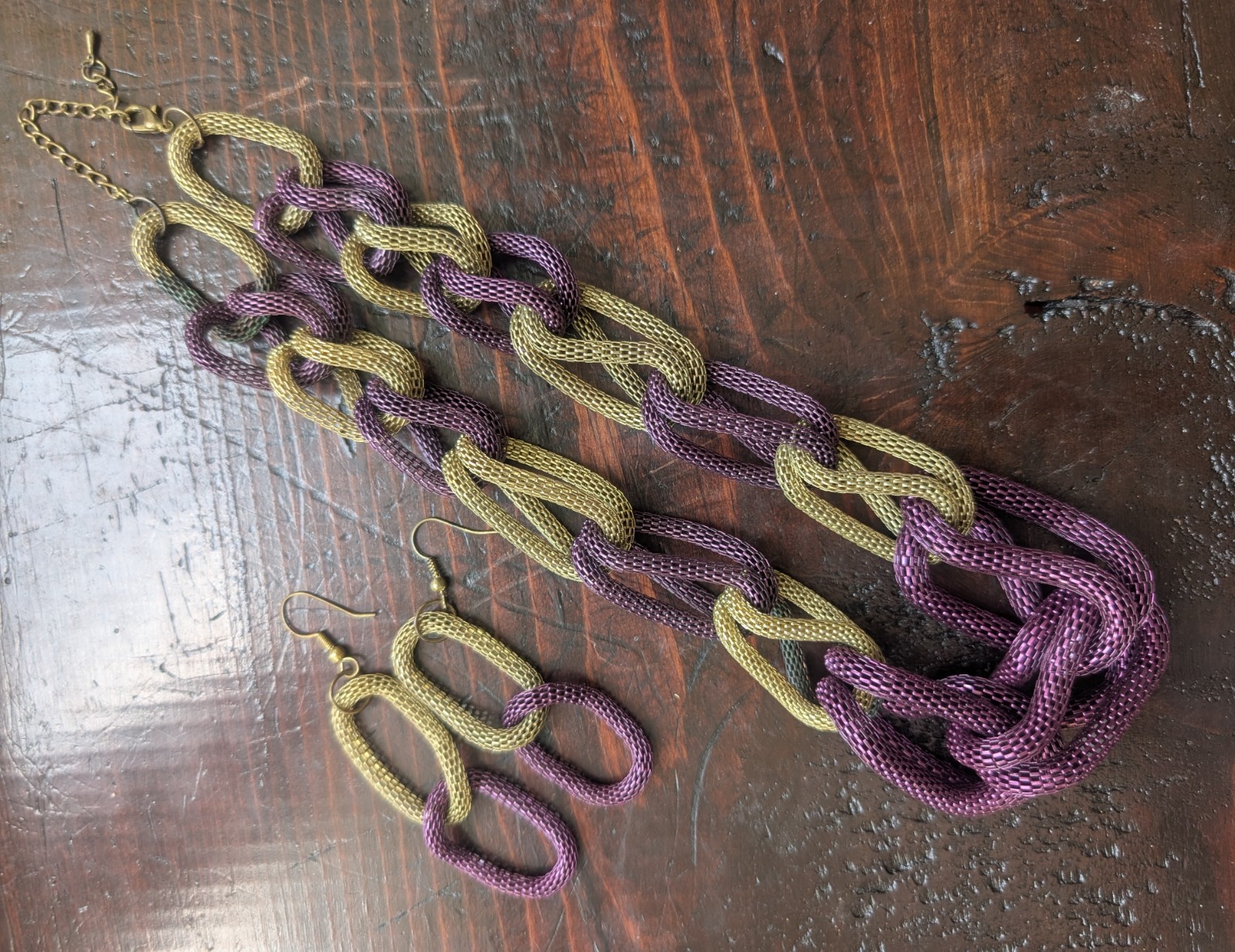 Goldtone+Purple Mesh Necklace+ Earrings Chunky Statement Hip Hop Flashy Cosplay