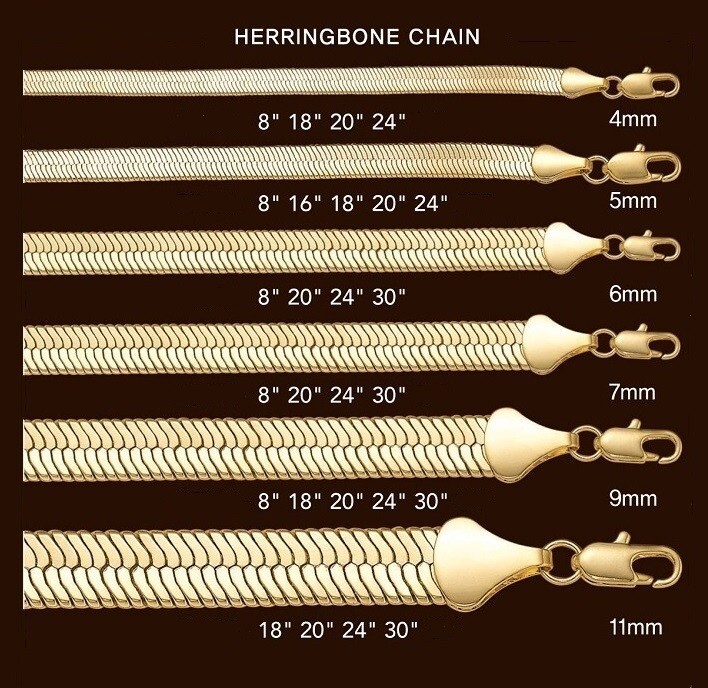 Unisex Herringbone Chain 14k Gold Plated 3mm to 11mm 8″ 16″ 18 20 24 30 Necklace