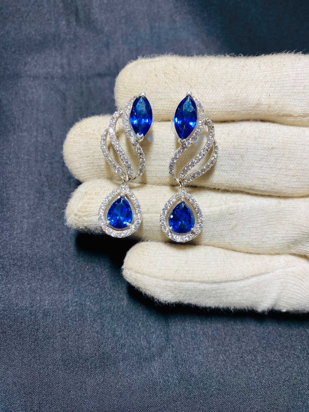 Lab Blue Sapphire Drop Dangle Earrings Silver CZ Halo Wedding Gift for Women 3.5