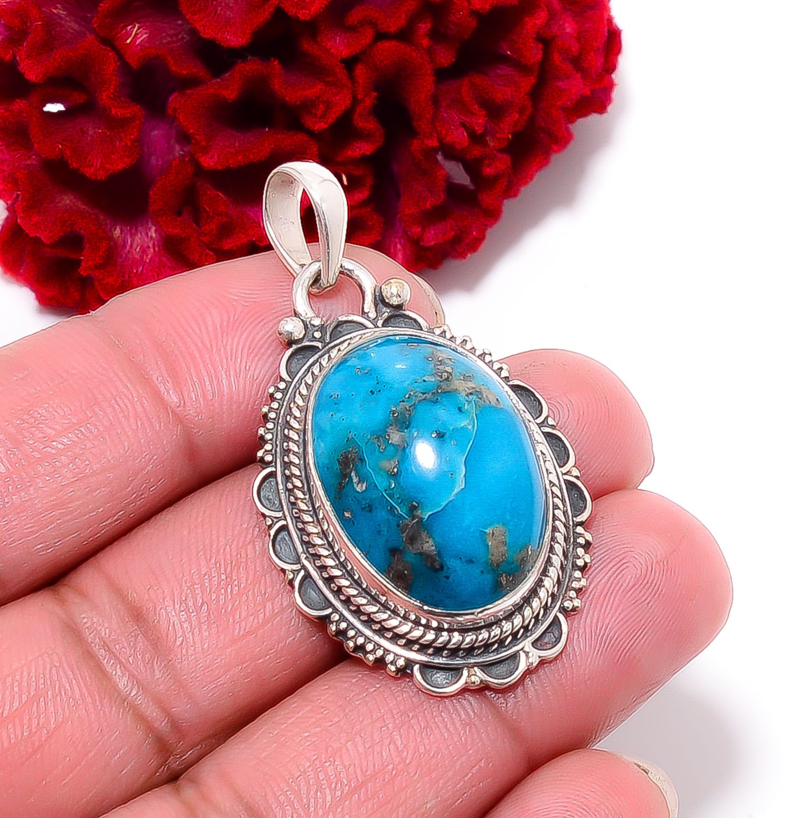 Persian Turquoise – Neyshaboor Gemstone 925 Sterling Silver Pendant 1.79″ P96236