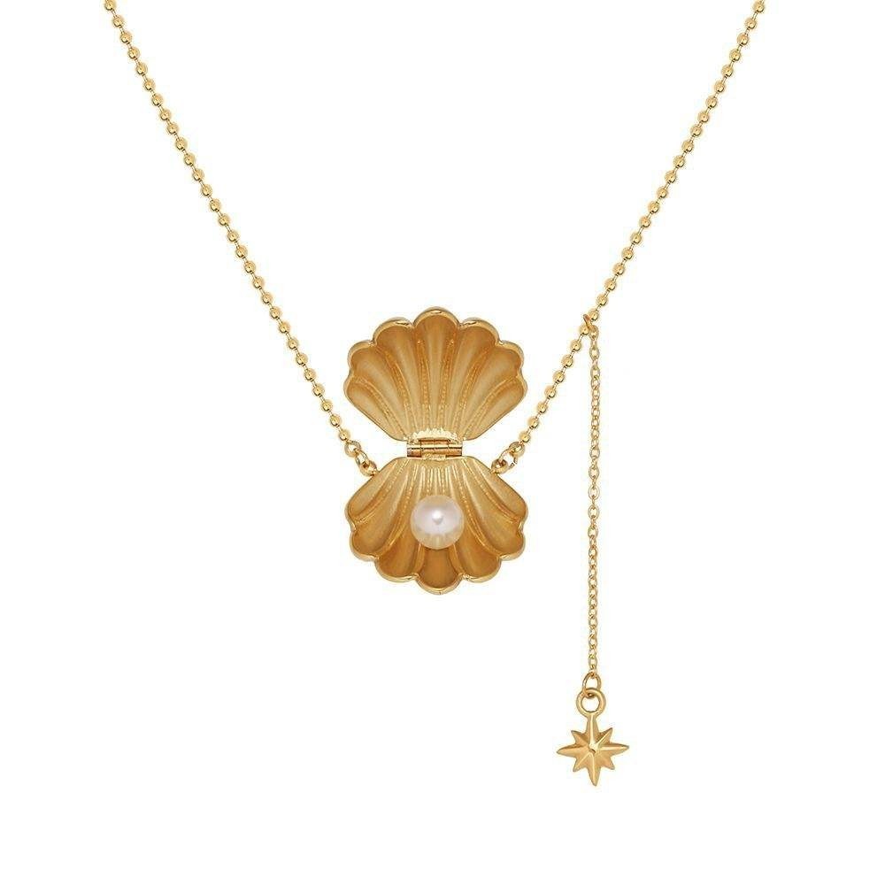 Gold Seashell Pearl Pendant Necklace Locket with Star Charm Ocean Jewelry Gift