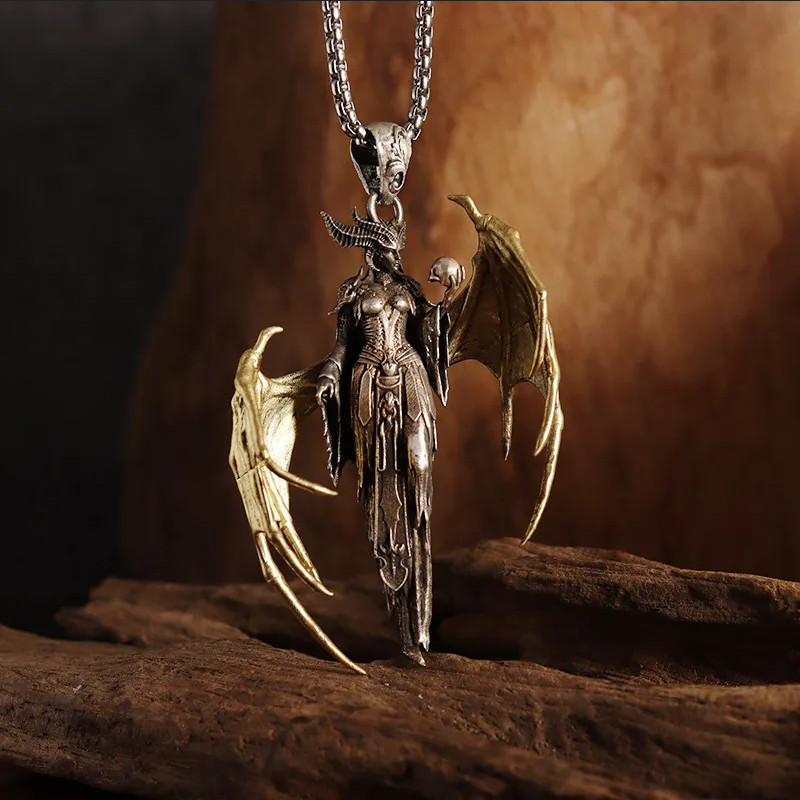 Hell Demon Jewelry Vintage Silver Sexy Goddess Standing Pendant Necklace