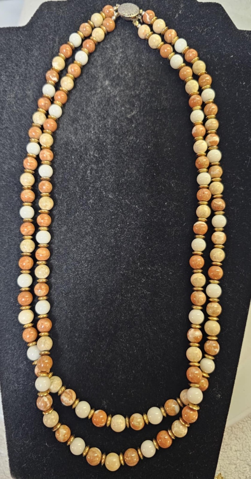 Jasper Stone White Brown Beads 2 Strands Beaded Necklace 23.5in- S92