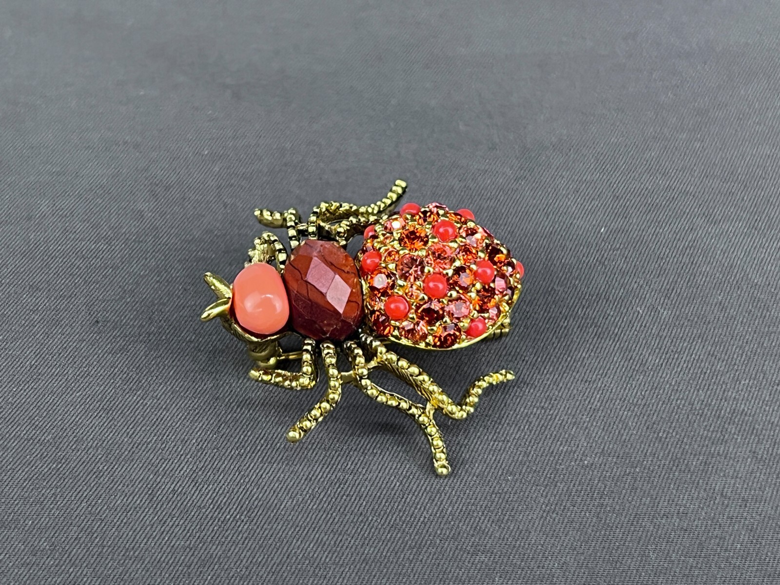 2 Joan Rivers Carnelian Spider & Faux Jade Just Do It Bee Brooches w/Crystals