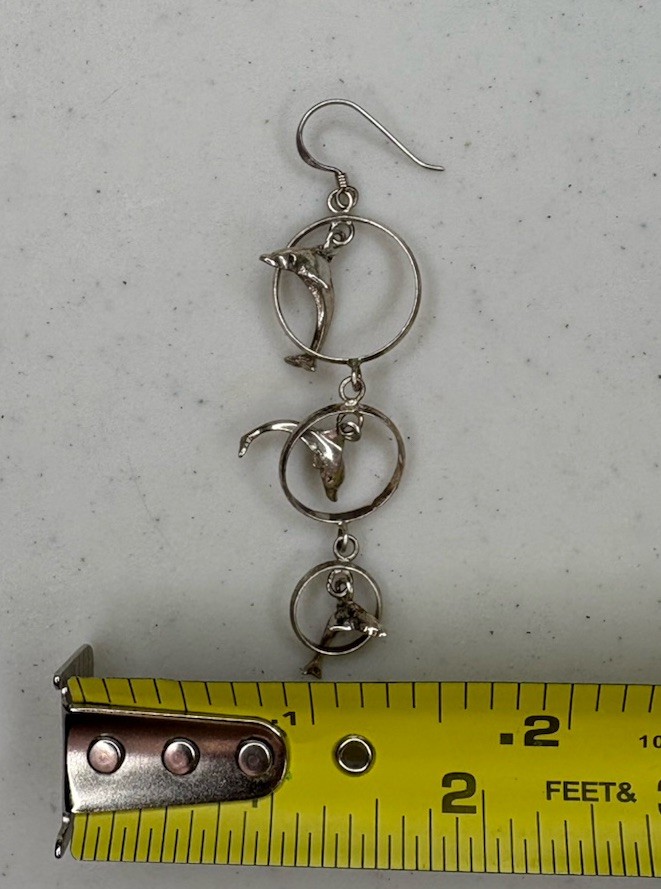 Single (1) 925 Sterling Silver Hook Dangle Dolphin Circle Earring – 4.5 Grams