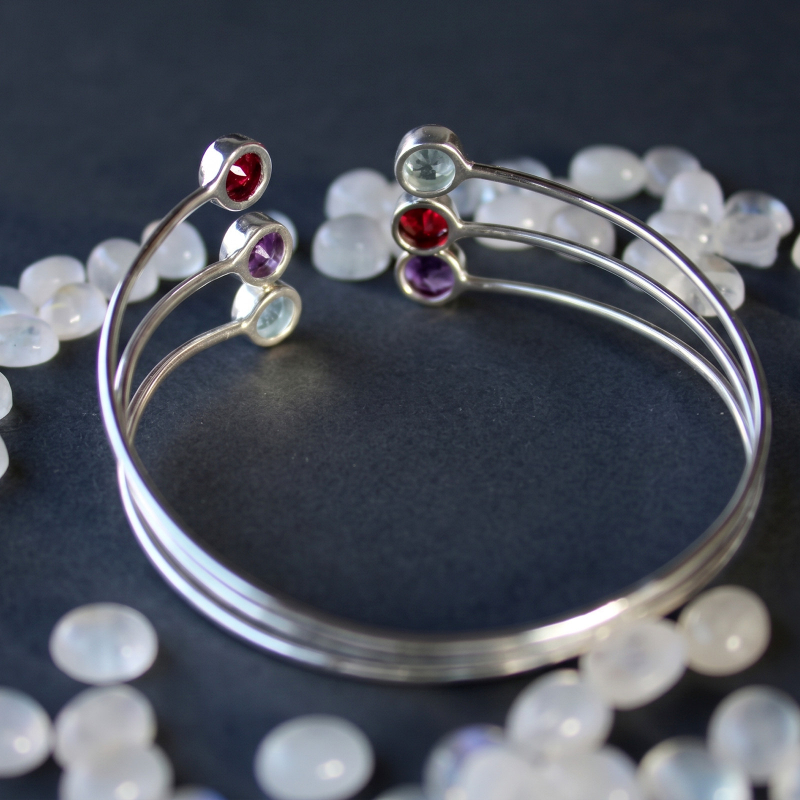 925 Sterling Silver Triple Raw Natural Gemstone Cuff Bracelet, Multi Stone Jewel