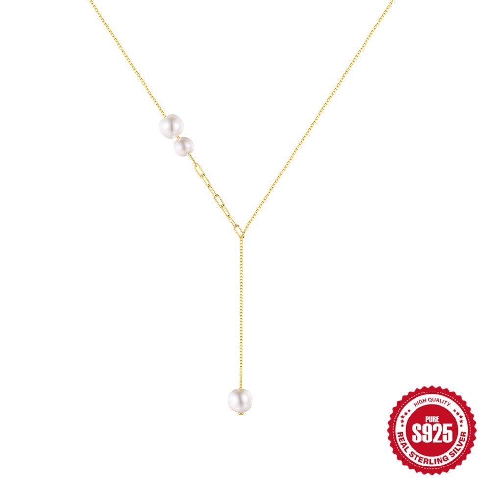 Gold Plated 925 Sterling Silver Faux Pearl Y Lariat Necklace for Women