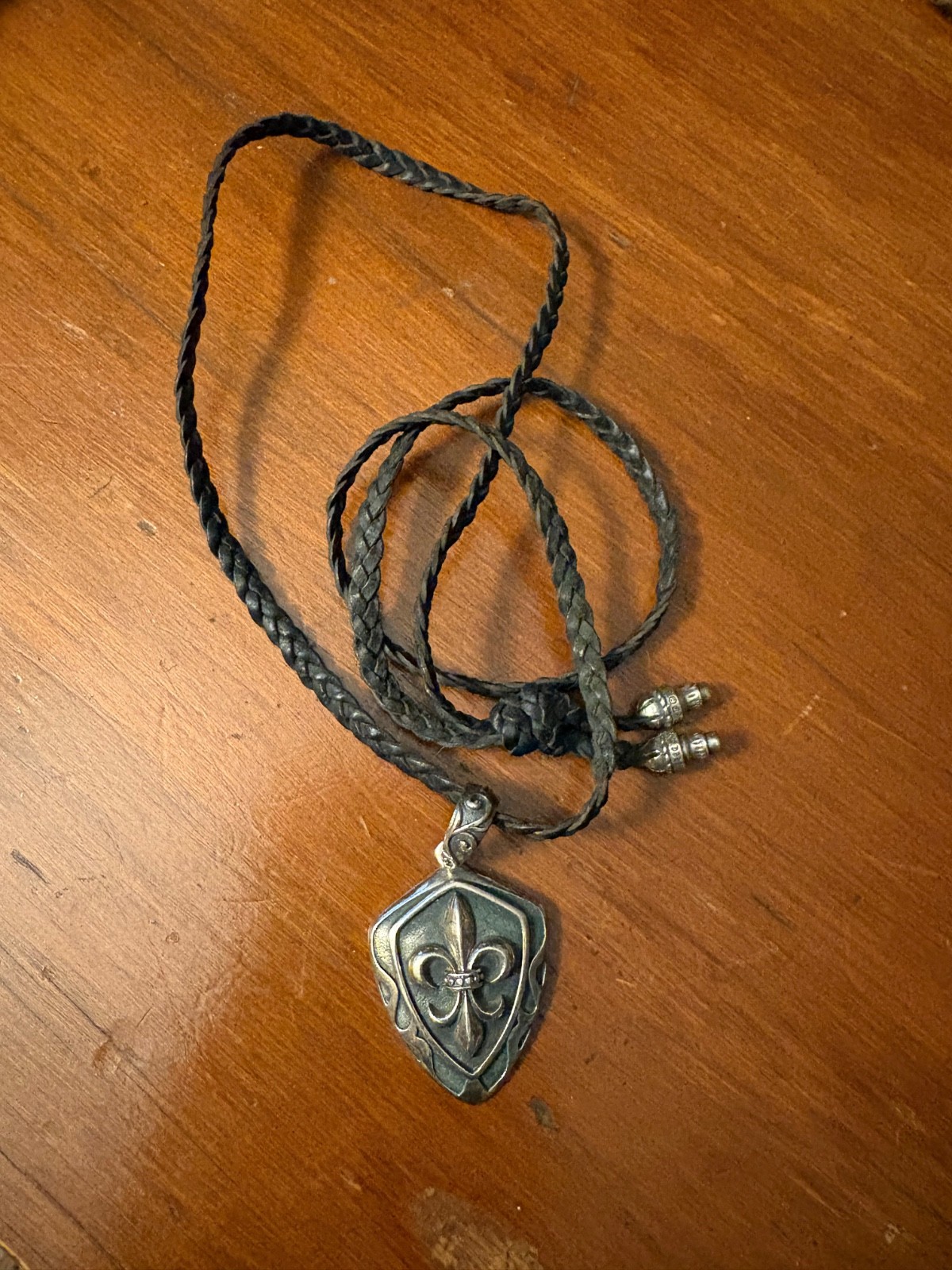Chrome Hearts Fleur De Lis Pendant 925 Silver braided black leather w/925 caps