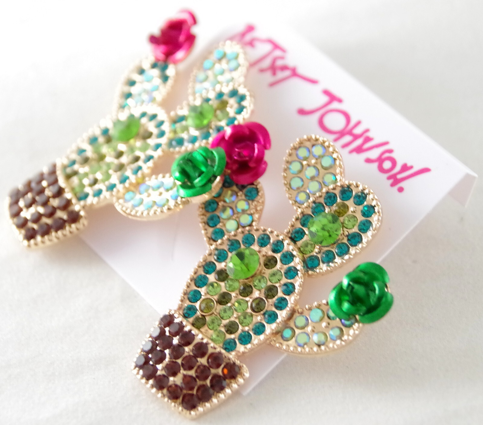 1.75″ BETSEY JOHNSON CRYSTAL RHINESTONE CACTI w 3D METAL CACTUS FLOWERS EARRINGS