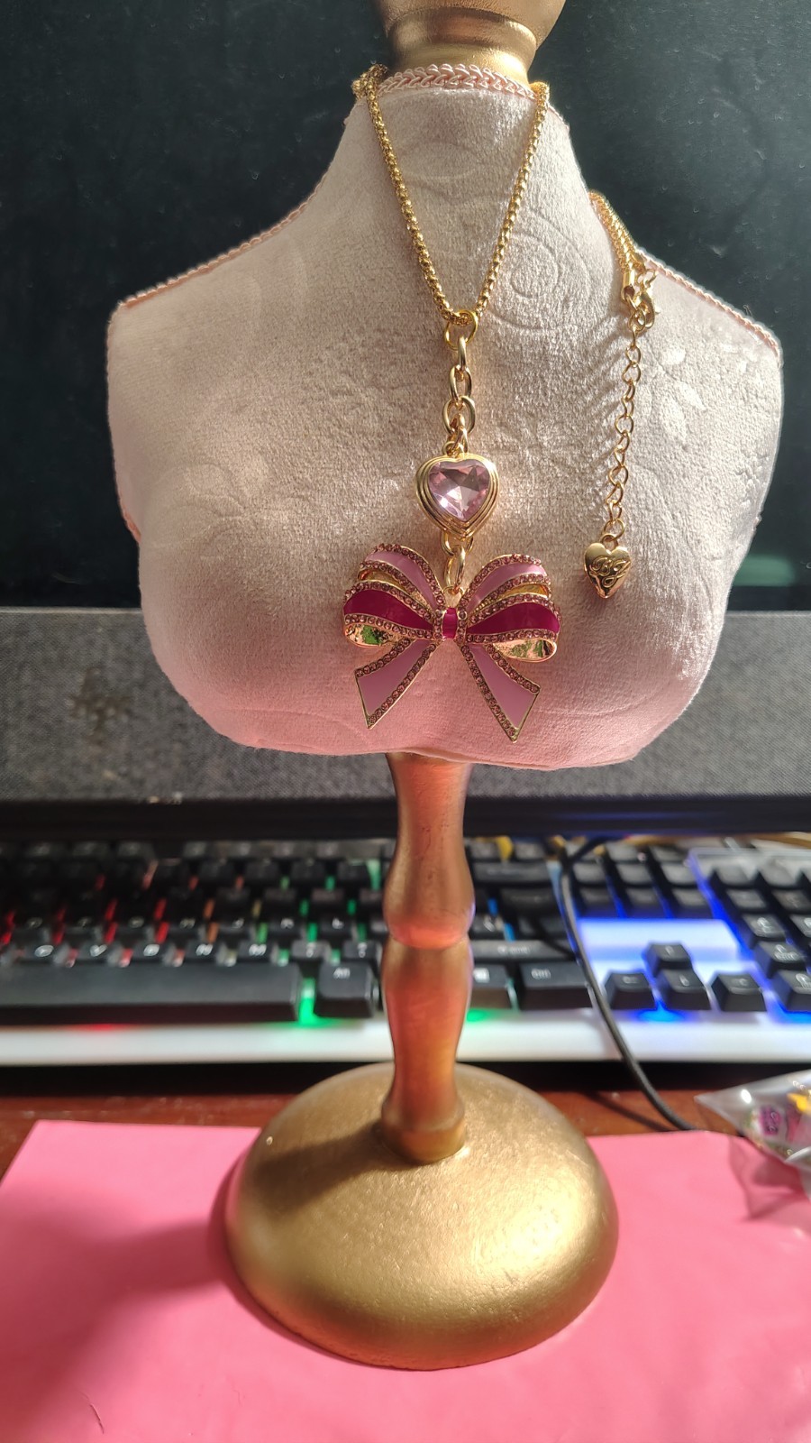 Betsey Johnson Pink Rhinestone Heart And Bow Necklace