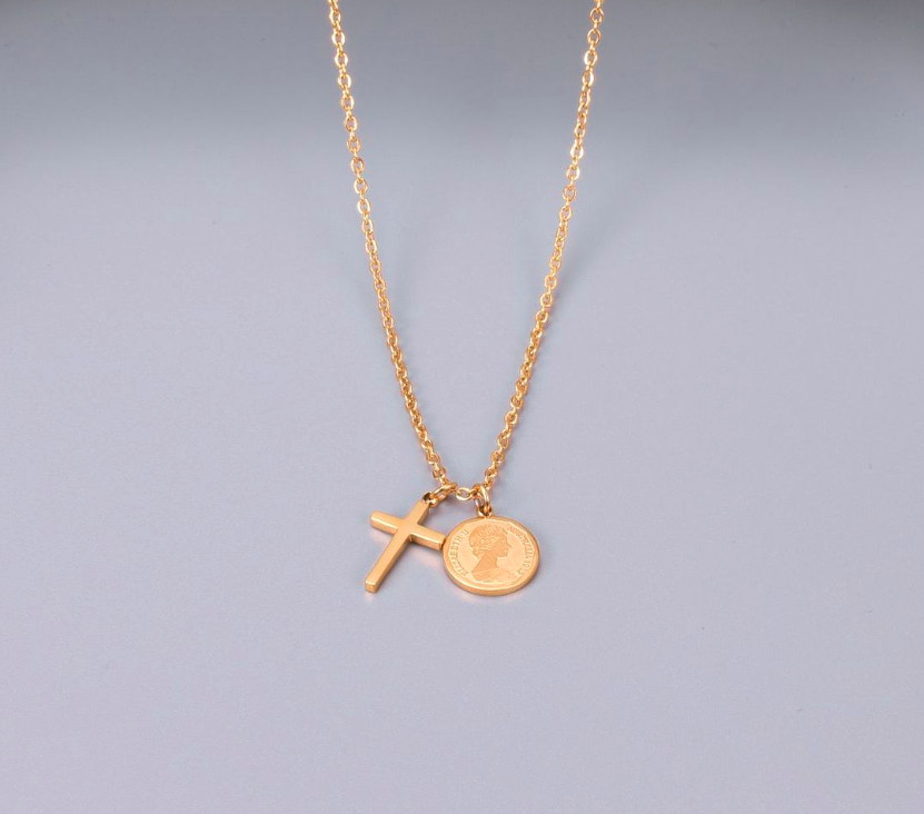 18KGP Gold Rose Gold Tone Stainless Steel Cross Elizabeth Coin Pendant Necklaces