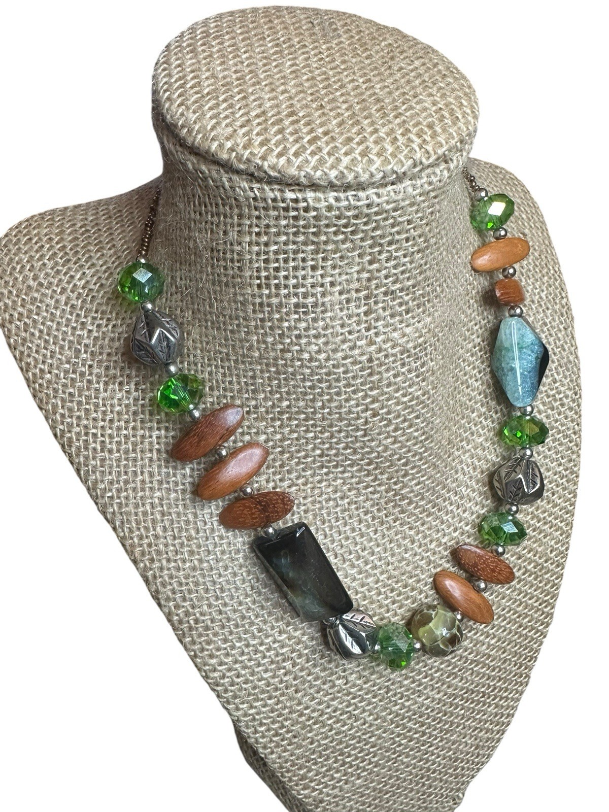 Mixed Media Beaded Statement Necklace Glass Wood Acrylic Adjustable Treska? 19”