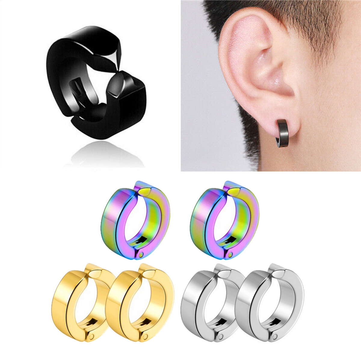 1 Pair Men Women Non-Piercing Earrings Stainless Steel Ear Clip On Fake Ear Hoop