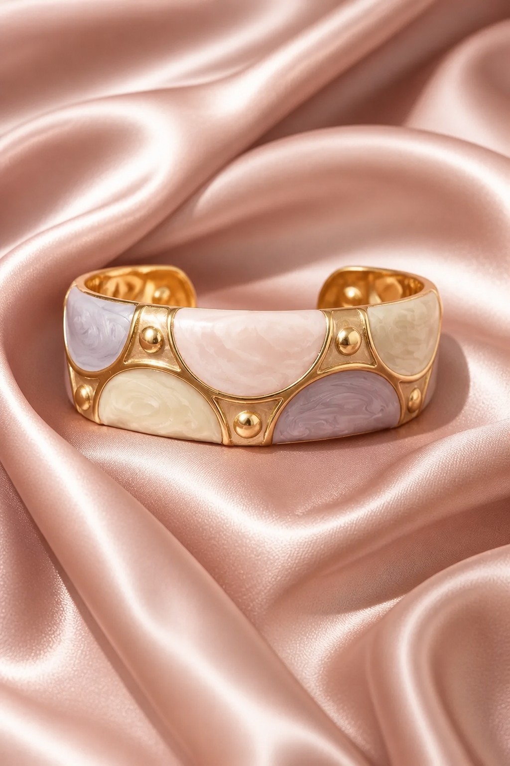 Gold Plated Stainless Steel French Retro Open Cuff Enamel Marble Bangle, S-M