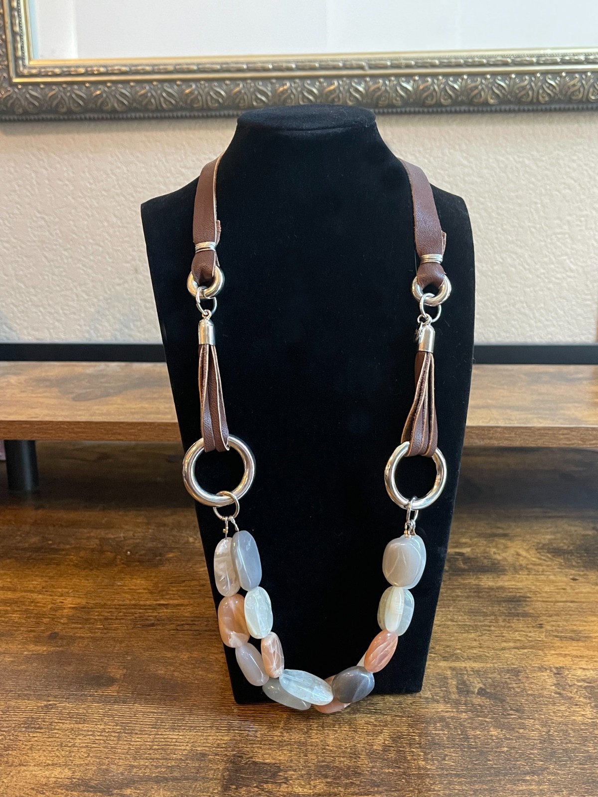 RICHI Natural Stone Bead & Leather Necklace Signed Designer Boho Statement