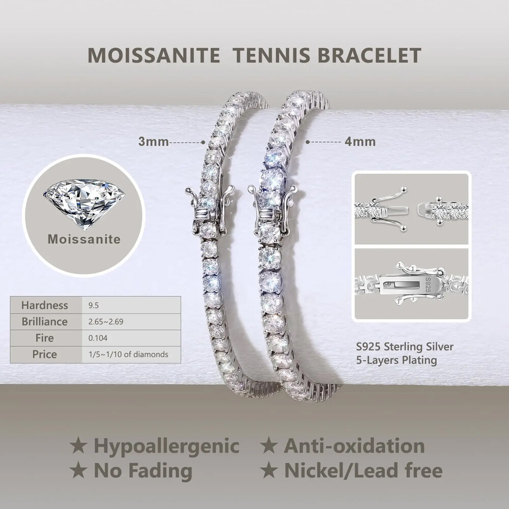 US 2-6.5mm Tennis Bracelet SOLID 925 Sterling Silver MOISSANITE Passes Tester！