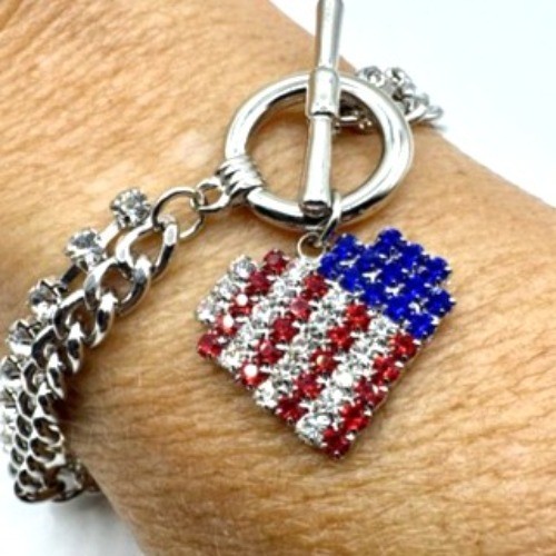 American Flag Rhinestone Bracelet With Dazzling Chain & Toggle Closure USA